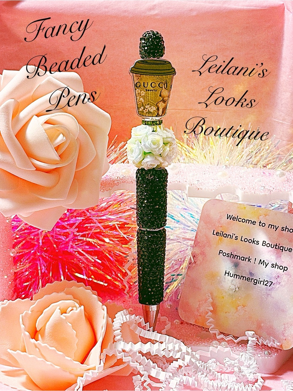 Fancy beaded Pen/gifts/tea cup/green flowers/